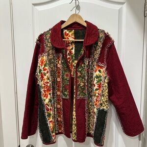 Patchwork Floral Open Front Jacket - Burgundy and Green